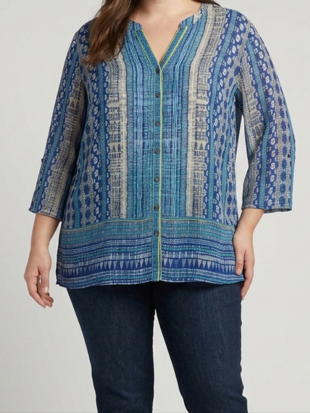 Nic + Zoe Button Front Roll-Tab Sleeve Tunic Top Split V-Neck Boho Geometric